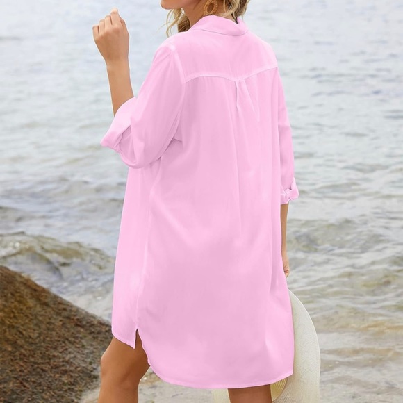 Beach Bikini Cover-up | Long Roll-up Sleeve Beach Shirt | Pink Button Down Shirt - Picture 3 of 14